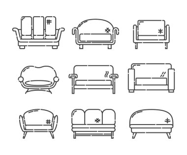 Yastıklı rahat bir kanepe. Rahatlamak için dokuz modern tarz nesne. Sanat tarzında kanepe tasviri. İç kısmın temel mobilyaları. Beyaz arkaplanda kanepesi olan düz bir illüstrasyon