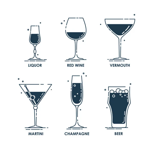 Verrerie Liqueur Vin Rouge Vermouth Martini Champagne Bière Ligne Art — Image vectorielle