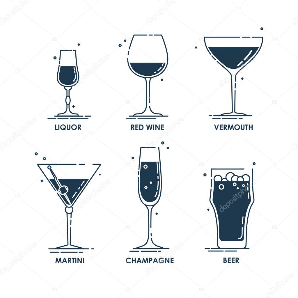 Glassware liquor red wine vermouth martini champagne beer line art in flat style. Restaurant alcoholic illustration for celebration design. Contour element. Beverage outline icon. Isolated on white background