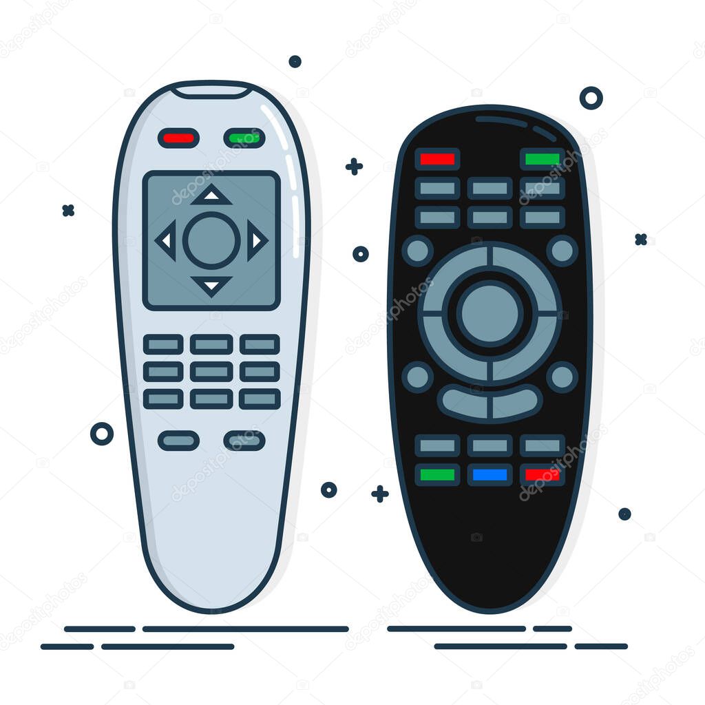 Hand remote control. Multimedia panel with shift buttons. Two design options. Program device. Wireless console. Universal electronic controller. Color isolated flat illustration on white background