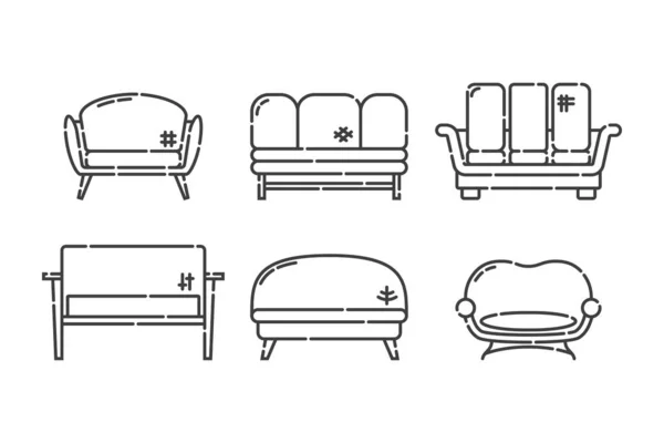 舒适的沙发和枕头 九个现代时尚的放松对象 沙发在线条艺术风格中的形象 室内装饰的基本家具 白色背景底座平面插图 — 图库矢量图片