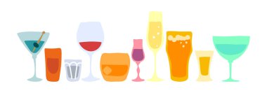 İçki bardakları koleksiyonu. Bira şampanya kırmızı şarap likör votka martini viski tekila vermut. El çizimi karikatür çizimi. Çizgi çizgisi grafik tasarımı. Serbest çizim biçimi