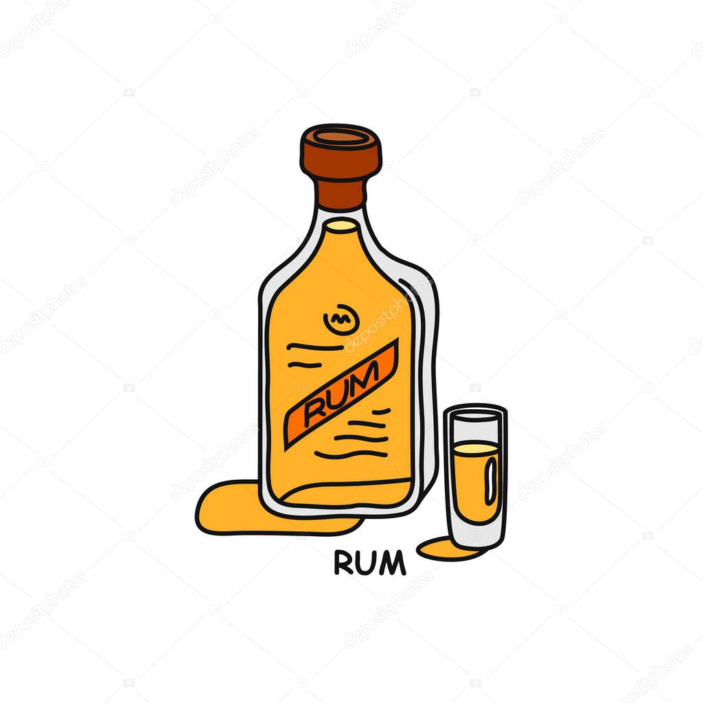 Rum bottle and glass outline icon on white background. Colored cartoon sketch graphic design. Doodle style. Hand drawn image. Party drinks concept. Freehand drawing style