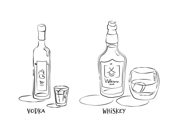 Vodku Whisky Láhev Sklo Ručně Kresleném Stylu Ilustrace Restaurace Pro — Stockový vektor