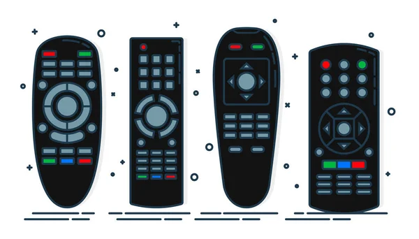 手控遥控装置带移位按钮的多媒体面板 四种设计方案 程序装置 无线控制台通用电子控制器 白色背景上的彩色孤立平面插图 — 图库矢量图片