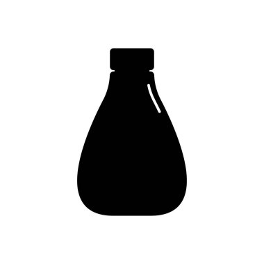 Plastik şişe şeklinde kozmetik kabı. Yağ, losyon, vücut bakımı hijyeni. Görüntü tasarımı ince beyaz çizgilerle siluet şeklinde. Arkaplanda yassı biçiminde izole edilmiş simge