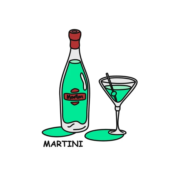 Martini içeceği. Beyaz arka planda şişe ve cam taslak simgesi. Renkli karikatür çizimi grafik tasarımı. Doodle tarzı. Elle çizilmiş görüntü. Parti içkileri konsepti. Serbest çizim biçimi