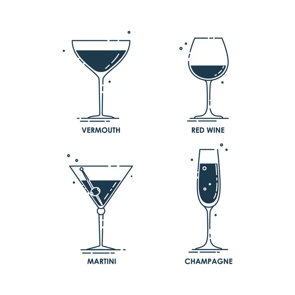 Cam kaplama vermut kırmızı şarap martini şampanya hattı düz stil sanat. Kutlama tasarımı için restoran alkolik illüstrasyonu. Contour elementi. İçecek taslak simgesi. Beyaz arkaplanda izole
