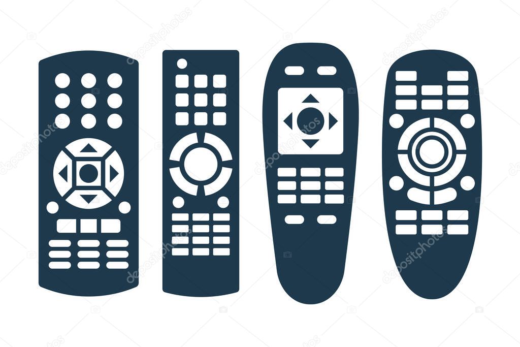 Four remote controls. Technology communication switch button. Program device. Wireless keyboard. Isolated flat illustration on white background. Universal electronic controller