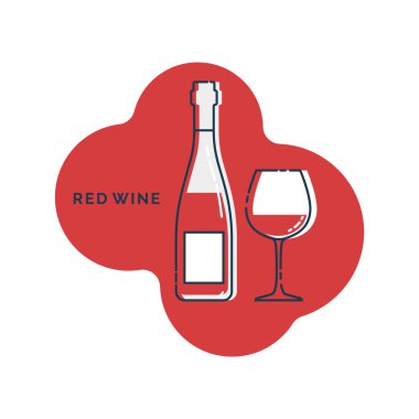 Şişe ve cam kırmızı şarap serisi düz stil. Kutlama tasarımı için restoran alkolik illüstrasyonu. Tasarım kontur elemanı. İçecek taslak simgesi. Grafik biçiminde arkaplanda izole edilmiş