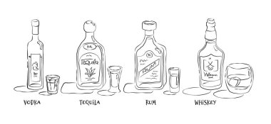 Votka, rom, tekila, viski. Şişe ve cam el yapımı. Kutlama tasarımı için restoran illüstrasyonu. Robot resim. Çizgi çalışması. Tasarım elemanı. İçecek taslak simgesi. Beyaz arkaplanda izole