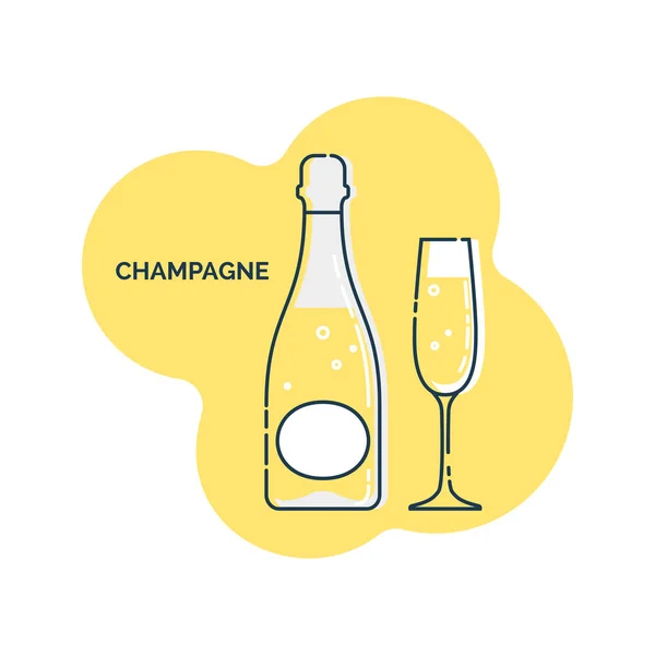 Fles Glas Champagne Lijn Kunst Vlakke Stijl Restaurant Alcoholische Illustratie — Stockvector