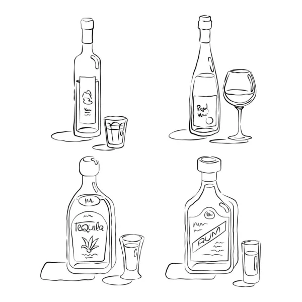 Vodka Rhum Tequila Vin Rouge Bouteille Verre Style Dessiné Main — Image vectorielle