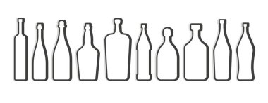 Votka kırmızı şarap şampanya viski likör martini vermut bira tekila şişesi. Basit doğrusal şekil. Ayrı bir nesne. İnce çizgilerde sembol. Karanlık bir taslak. Beyaz arkaplanda düz resimleme