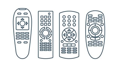 Dört nesne uzaktan kumanda. Vardiya düğmeleri olan çokluortam paneli. Televizyon programı cihazı. Evrensel elektronik kumanda. İzole edilmiş ince çizgi çizimi. Beyaz arka plan. Düz sembol