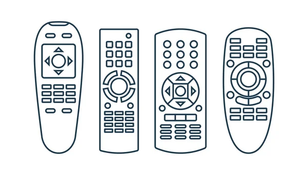 四个物体手控遥控装置 带移位按钮的多媒体面板 节目电视装置 通用电子控制器 孤立的细线图解 白色背景 设置平面符号 — 图库矢量图片