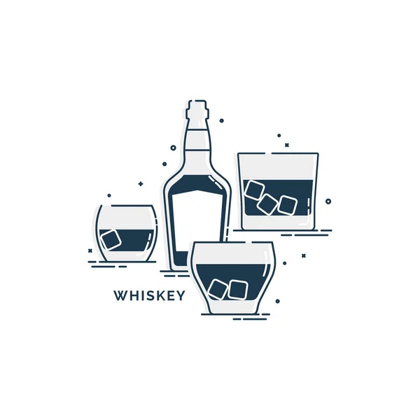 Botella Grupo Varios Arte Línea Whisky Vidrio Estilo Plano Restaurante — Vector de stock