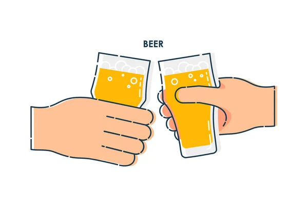 两只手拿着一杯啤酒 白底线条艺术设计元素 指那些喝庆祝麦芽饮料的人 喝酒的时间概念 现代图形风格 — 图库矢量图片