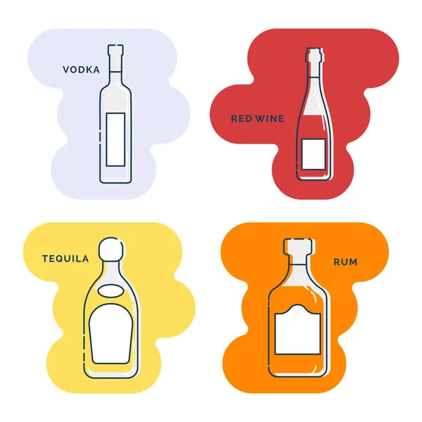 Bouteille Vodka Vin Rouge Tequila Rhum Line Art Dans Style — Image vectorielle