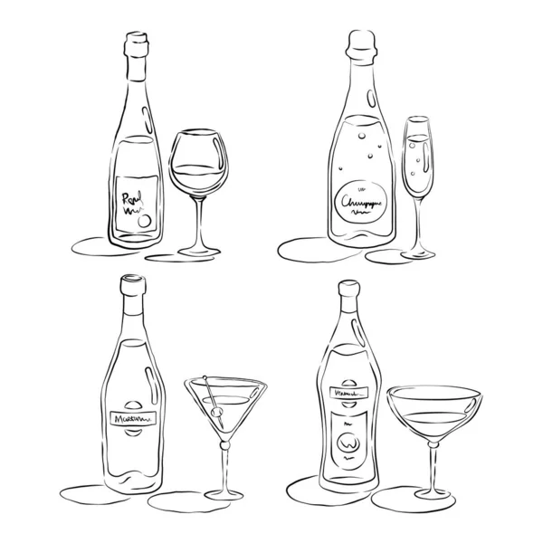 Rotwein Champagner Martini Wermut Flasche Und Glas Handgezeichneten Stil Restaurant — Stockvektor