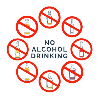 Yasak şişe votka kırmızı şarap şampanya viski tekila rom martini. Alkol yok. Modern ince hat tasarım konsepti. Sembol simgesini durdur. Düz çizim çizimi. Poster