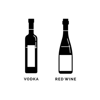 Siluet olarak şişe votka ve kırmızı şarap. Alkol içeceği çizimi. Siyah beyaz. Dekorasyon elemanı. Bar menüsü tasarımı. Sembol, logo. İzole resimli beyaz arka plan. İçme ögesi