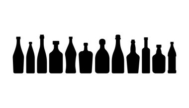 Şişe votka, kırmızı şarap, şampanya, viski, likör, tekila, martini, vermut, siluet tarzı. Restoran içeceği, alkolik illüstrasyonu. Beyaz arkaplanda siyah şekli ayarla