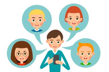 Çocuk arkadaşlarını arıyor. Çizgi filmci konsept tasarım için konuşuyor. Cep telefonu kullanıyor. Güzel tasarım. Modern internet iletişim araçları. Görüntü düz arkaplanda izole edildi