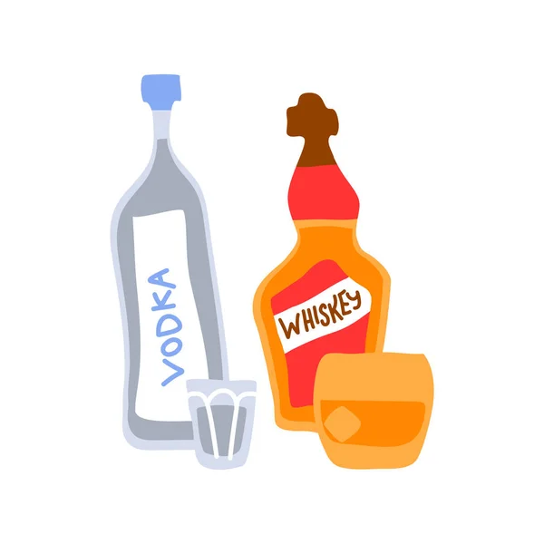 ウイスキーとウォッカのボトルと白を基調としたワイングラス 漫画スケッチグラフィックデザイン 馬鹿なスタイルだ 手描きの画像 パーティードリンクのコンセプト フリーハンドの描き方 — ストックベクタ