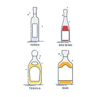 Şişe votka, kırmızı şarap, tekila, rom serisi. Yaratıcı grafik öğesi. Moda tasarımı. Minimalizm basitlik işareti. Restoran illüstrasyonu için alkollü ürün. Beyaz arkaplanda izole