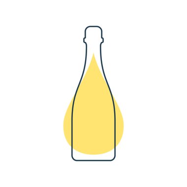 Sarı lekeli şampanya şişeli modern soyut illüstrasyon. Doğrusal ana hat işareti. Beyaz arkaplanda logo simgesi. Dekorasyon tasarımının Contour sembolü. Basitlik kavramı