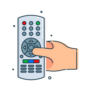 Yaşam tarzı tasarımı için beyaz zemin üzerinde siyah el kumandası olan modern düz simge. Parmaklar kontrol cihazının tuşlarına basar. Kanal değiştir. Renkli görüntü. Özet biçimi