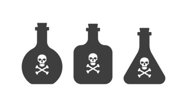 Konsept tasarım için tam suratlı zehirli kafatası. Üç çeşit tehlikeli konteynır. İksir içeceği barı. Zehirli içeceği hazırla. Alkol bağımlısı ikonu. Tehlike sembolü. İzole düz illüstrasyon