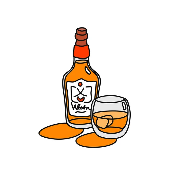 Bouteille Whisky Icône Contour Superposée Verre Sur Fond Blanc Dessin — Image vectorielle