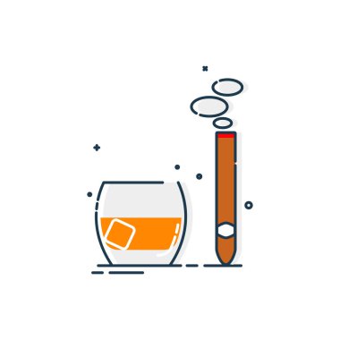 Bir bardak viski ve puro. Herhangi bir amaç için harika bir tasarım. İzole resimli beyaz arka plan. Yakın plan çekim. Moda tarzı. Minimalizm renk işareti. Restoran sembolü için alkollü ürün.