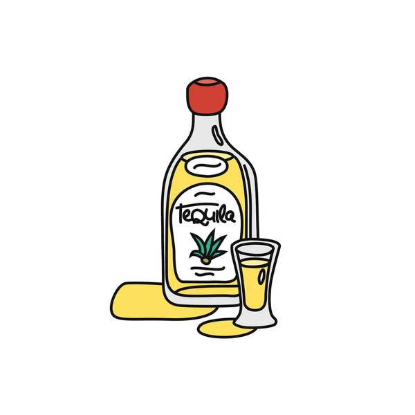 Tequila Fles Glas Gesuperponeerde Omtrek Pictogram Witte Achtergrond Gekleurde Cartoon — Stockvector