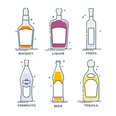 Viski, likör, tekila, vermut birası. Çizgi sanatı yaratıcı grafik öğesi. Minimalizm basitlik tasarımı. Restoran illüstrasyonu için alkollü ürün. Beyaz arkaplanda izole