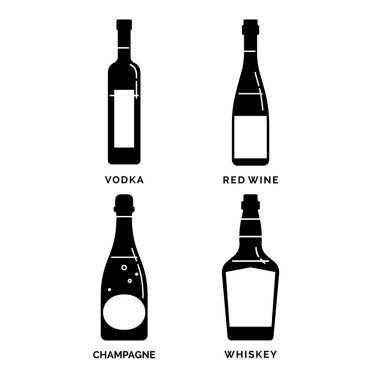 Şişe votka, kırmızı şarap, şampanya, siluet olarak viski. Alkol içeceği çizimi. Siyah beyaz. Dekorasyon elemanı. Bar menüsü tasarımı. Sembol, logo. İzole resimli beyaz arka plan. İçme ögesi
