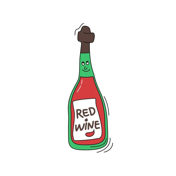 Červená Láhev Vína Obličejem Úsměv Bílém Pozadí Grafický Návrh Kresleného — Stockový vektor