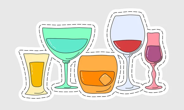 Alkoholos Poharak Gyűjteménye Matricaként Tequila Vermut Whiskey Vörösbor Likőr Kézzel — Stock Vector