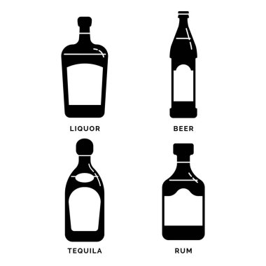 Siluet olarak şişe likör birası tekila rom. Alkol içeceği çizimi. Siyah beyaz. Dekorasyon elemanı. Bar menüsü tasarımı. Sembol, logo. İzole resimli beyaz arka plan. İçme ögesi