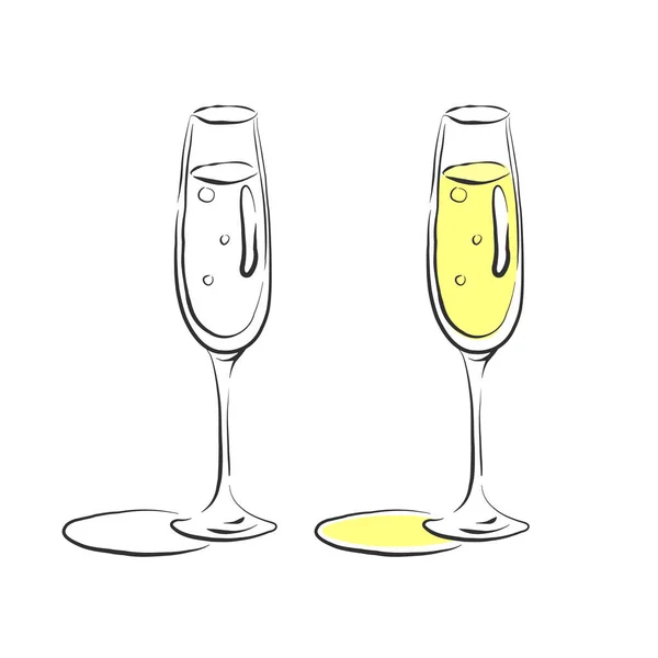 来一杯香槟 两种观点的图像的颜色和黑白 回旋物体 Wineglass手绘 餐厅插图 简单的草图 以雕刻风格在白色背景上隔离 — 图库矢量图片