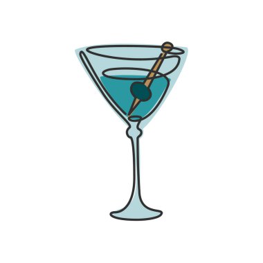 Bir çizgi beyaz arka planda zeytinli martini bardağı çiziyor. Renkli karikatür çizimi. Devamlı bir çizgi. El yapımı parti içkileri konsepti. Serbest çizim biçimi