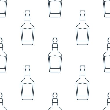 Viski şişeleri pürüzsüz. Çizgi sanatı tarzı. Görüntü özeti. Siyah ve beyaz tekrar şablonu. Parti içkileri konsepti. Beyaz arka planda resim. Herhangi bir amaç için düz tasarım