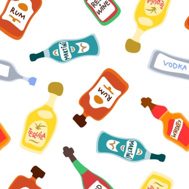 Votka kırmızı şarap, martini, tekila, rom şişeleri, kusursuz desenli. Her amaç için harika bir tasarım. Doodle tarzı. El çizimi tekrarlama şablonu. Parti içkileri konsepti. Serbest çizim. Çizgi film taslağı