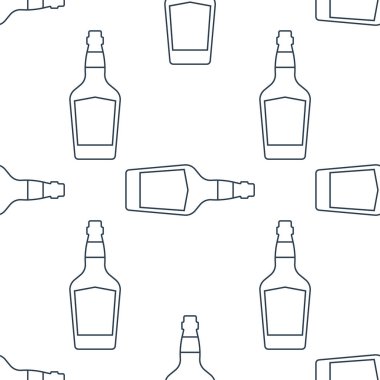 Viski şişeleri pürüzsüz. Çizgi sanatı tarzı. Görüntü özeti. Siyah ve beyaz tekrar şablonu. Parti içkileri konsepti. Beyaz arka planda resim. Herhangi bir amaç için düz tasarım
