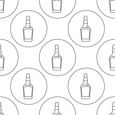 Düz çizgiler halinde, kusursuz bir viski şişesi deseni. Arka planda daire şeklinde. Duvar kağıdı desenli içecekleri tekrar et. Restoran için siyah beyaz şablon