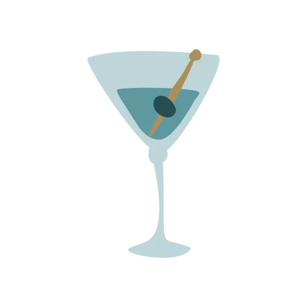串にオリーブ入りのマルティーニグラス 手描きの漫画イラスト ロマンチックなアルコール飲料 人形の形のアートグラフィックデザイン レストラン カフェ パブの飲料 フリーハンドの描き方 — ストックベクタ