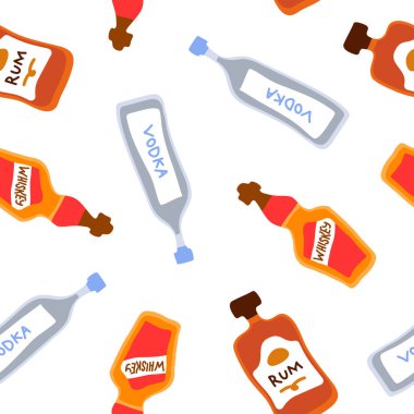 Votka viski ve rom şişeleri kusursuz. Her amaç için harika bir tasarım. Doodle tarzı. El çizimi tekrarlama şablonu. Parti içkileri konsepti. Serbest çizim. Çizgi film taslağı