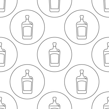 Düz çizgiler halinde likör şişesinin pürüzsüz deseni. Arka planda daire şeklinde. Duvar kağıdı desenli içecekleri tekrar et. Restoran için siyah beyaz şablon